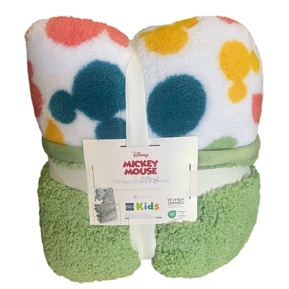 Disney Mickey Mouse Sherpa Throw Blanket Green w/Multi Colored Mickey Shapes 50"